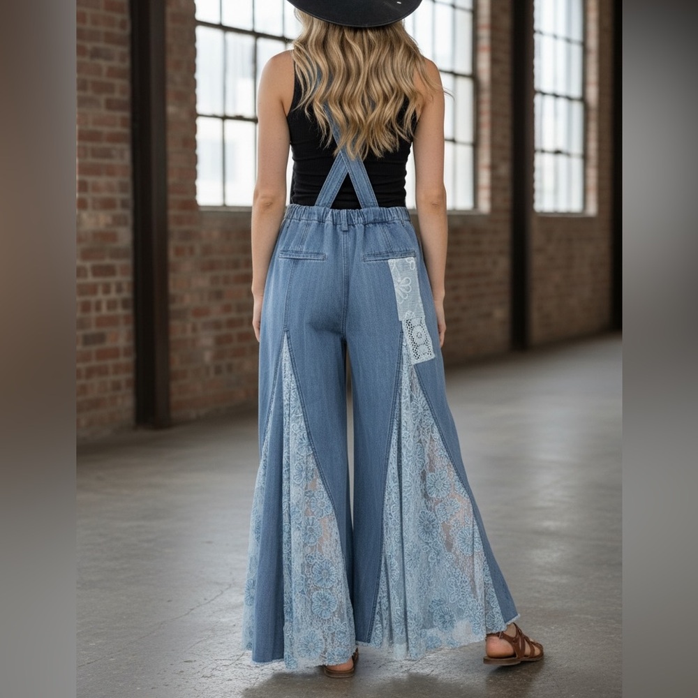 NWT Ultra Wide Leg Flare Lace Panel Patchwork Denim Jean Overalls Jumpsuit - Picture 13 of 14